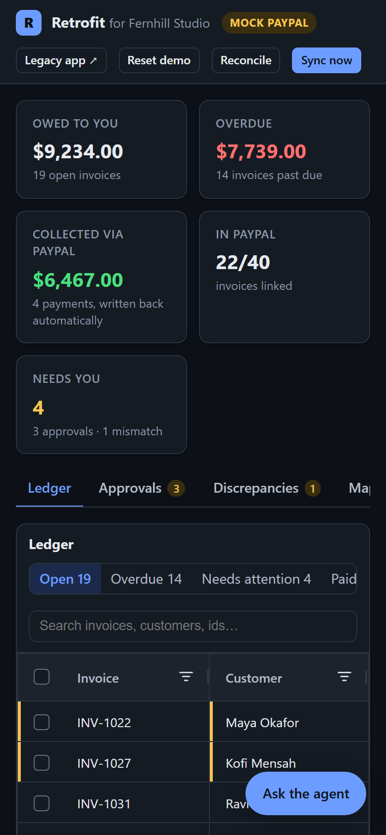 The Retrofit console on a phone, with totals stacked above the ledger.