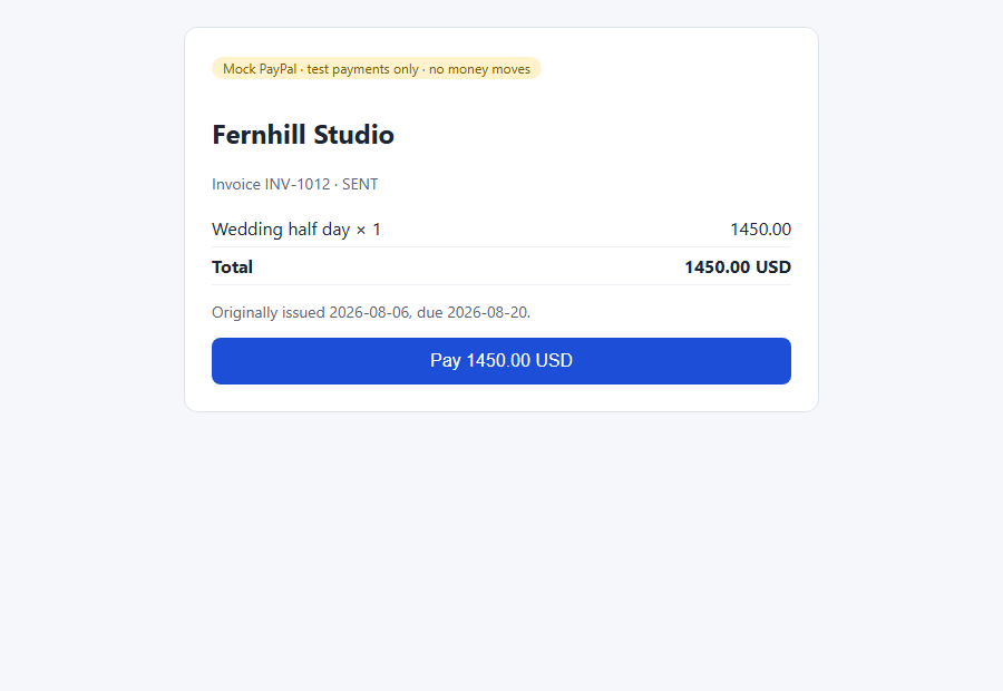 Customer payment page from the bundled mock PayPal, labelled test payments only.